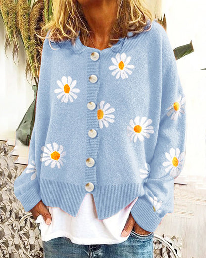Women's Daisy Embroidered Chunky Knit Cardigan