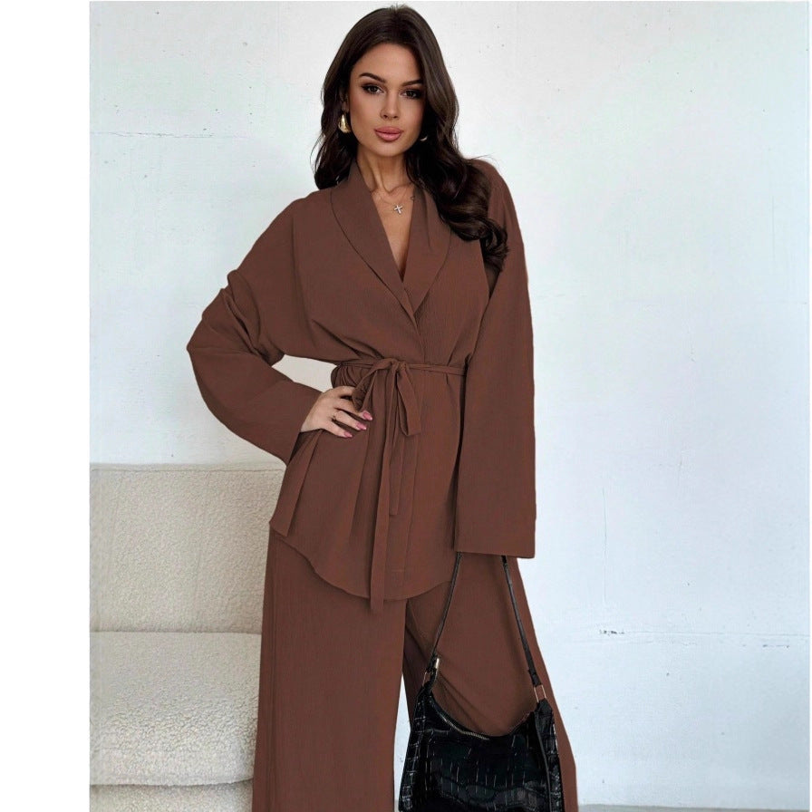 Lapel Belted Top Wide Leg Pants Two Piece Set