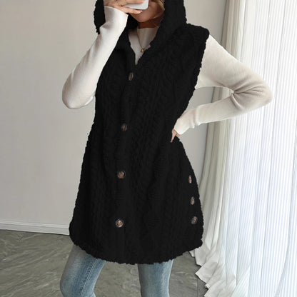 Women Sherpa Hooded Button Down Long Vest