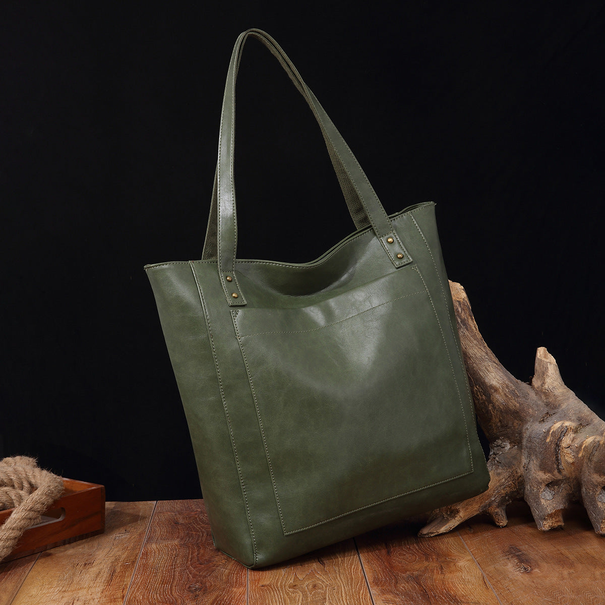 Vintage Soft Leather Tote Bag Set with Zip Pouch, Large Capacity