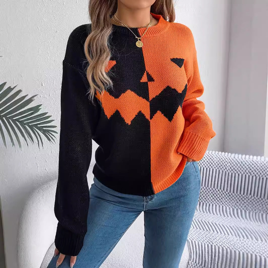 Women's Halloween Color Block Pumpkin Sweater