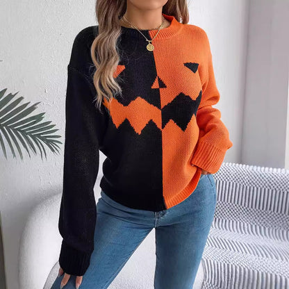 Women's Halloween Color Block Pumpkin Sweater