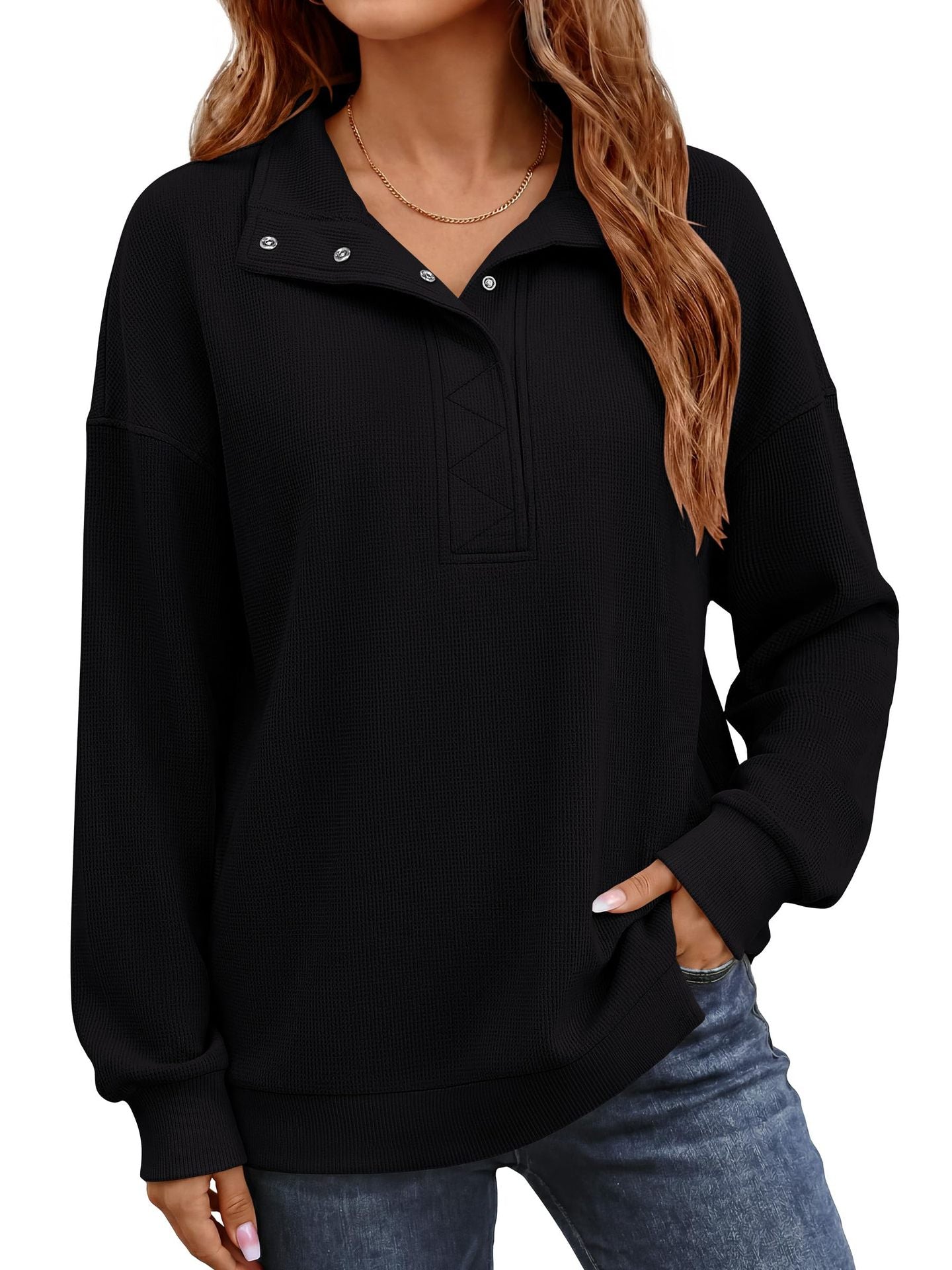 Women's Waffle Knit Oversized Button Pullover Sweatshirt