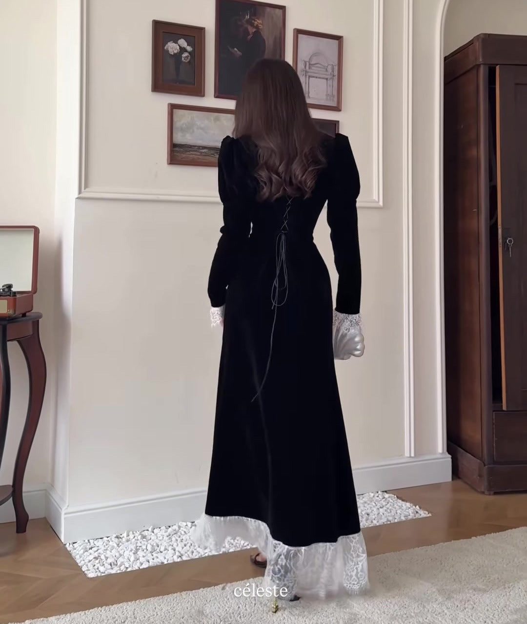 Velvet Maxi Dress Square Neck Lace Trim Long Sleeve