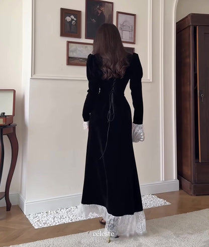 Velvet Maxi Dress Square Neck Lace Trim Long Sleeve