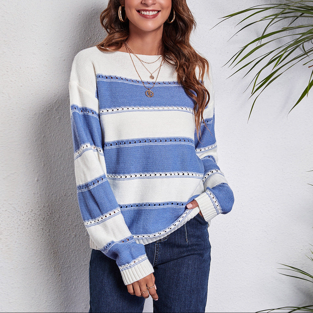 Women's Off Shoulder Striped Crochet Knit Sweater