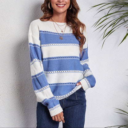 Women's Off Shoulder Striped Crochet Knit Sweater