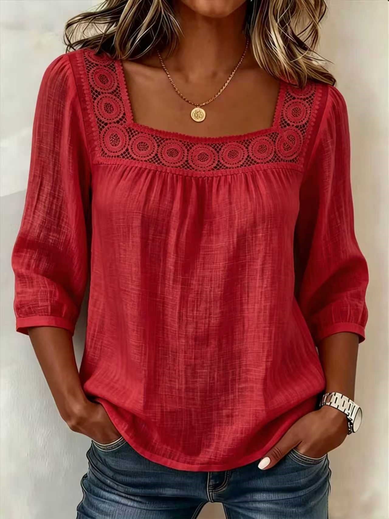 Women's Square Neck Eyelet Lace 3/4 Sleeve Summer Blouse