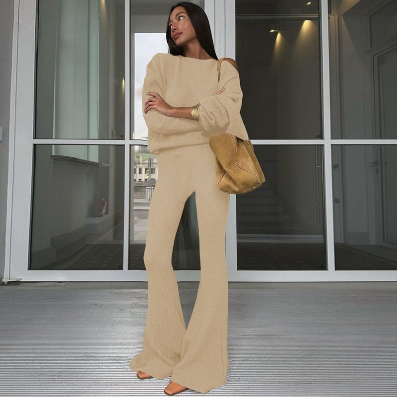 One Shoulder Fleece Top and Flare Pants Set