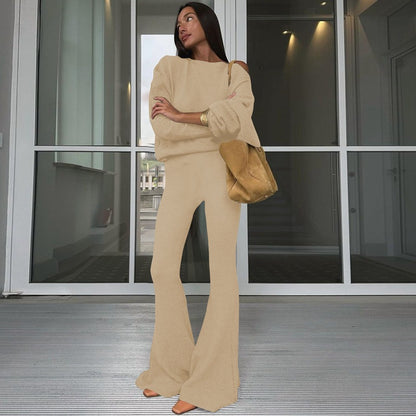One Shoulder Fleece Top and Flare Pants Set