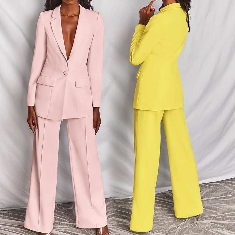 Women's Solid Blazer Pants Set Business Casual Suit