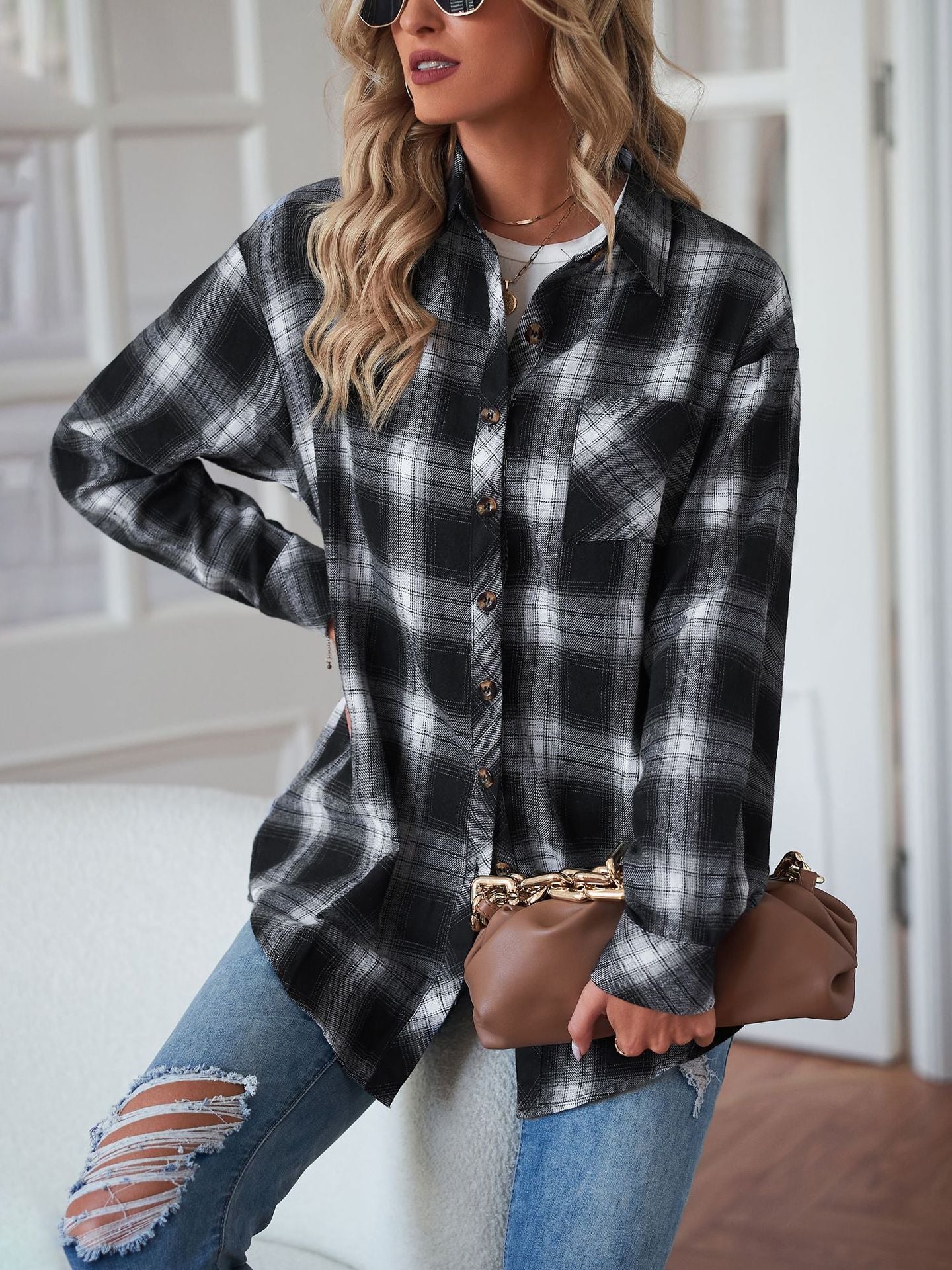 Plaid Flannel Shirt Button Front Oversized Fit