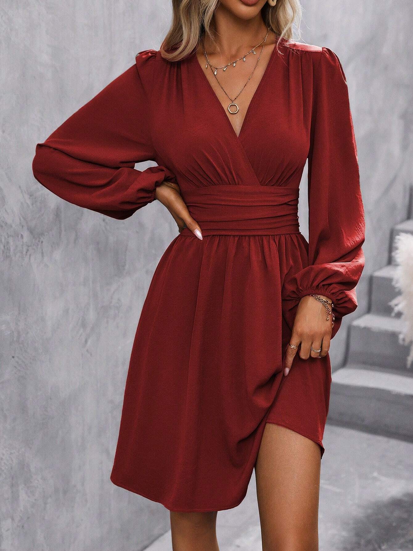 Women's V-Neck Balloon Sleeve Ruched Waist A-Line Dress
