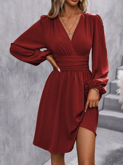 Women's V-Neck Balloon Sleeve Ruched Waist A-Line Dress