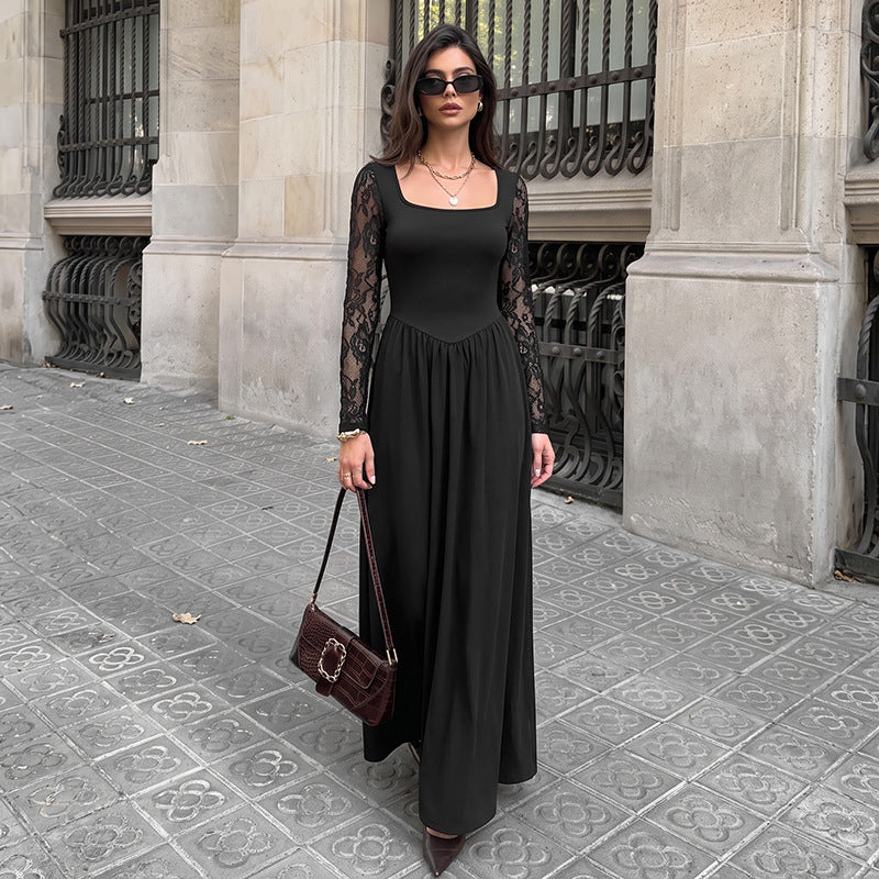 Black Lace Sleeve Square Neck Midi Dress Elegant Fit
