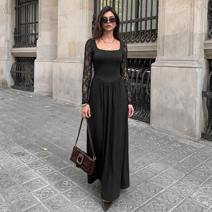 Black Lace Sleeve Square Neck Midi Dress Elegant Fit