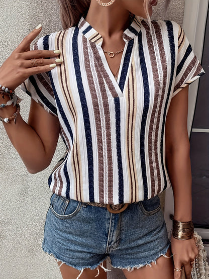 Striped V-Neck Batwing Sleeve Blouse for Women
