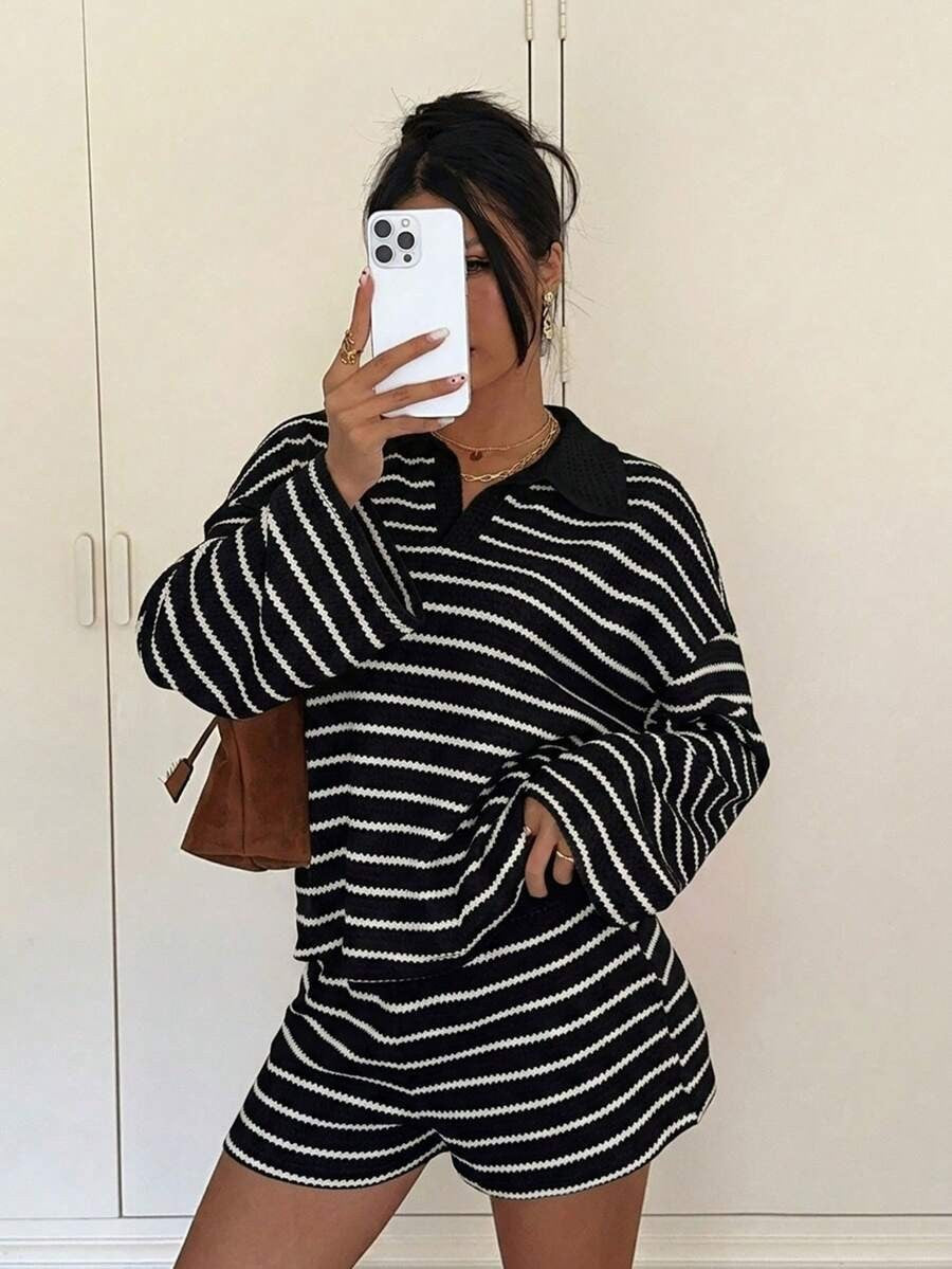 Striped Polo Lounge Set Long Sleeve Top & Shorts Set