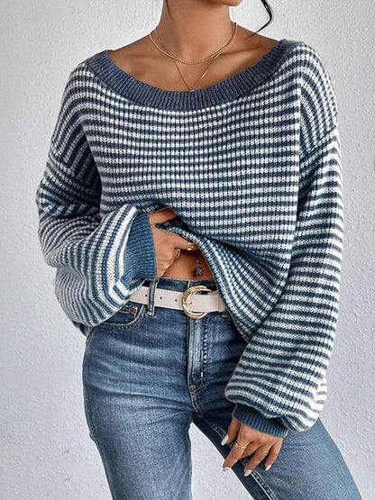 Off Shoulder Striped Sweater Balloon Sleeve Oversized Knit