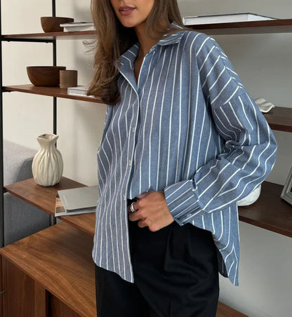 Striped Oversized Button Down Shirt Blouse