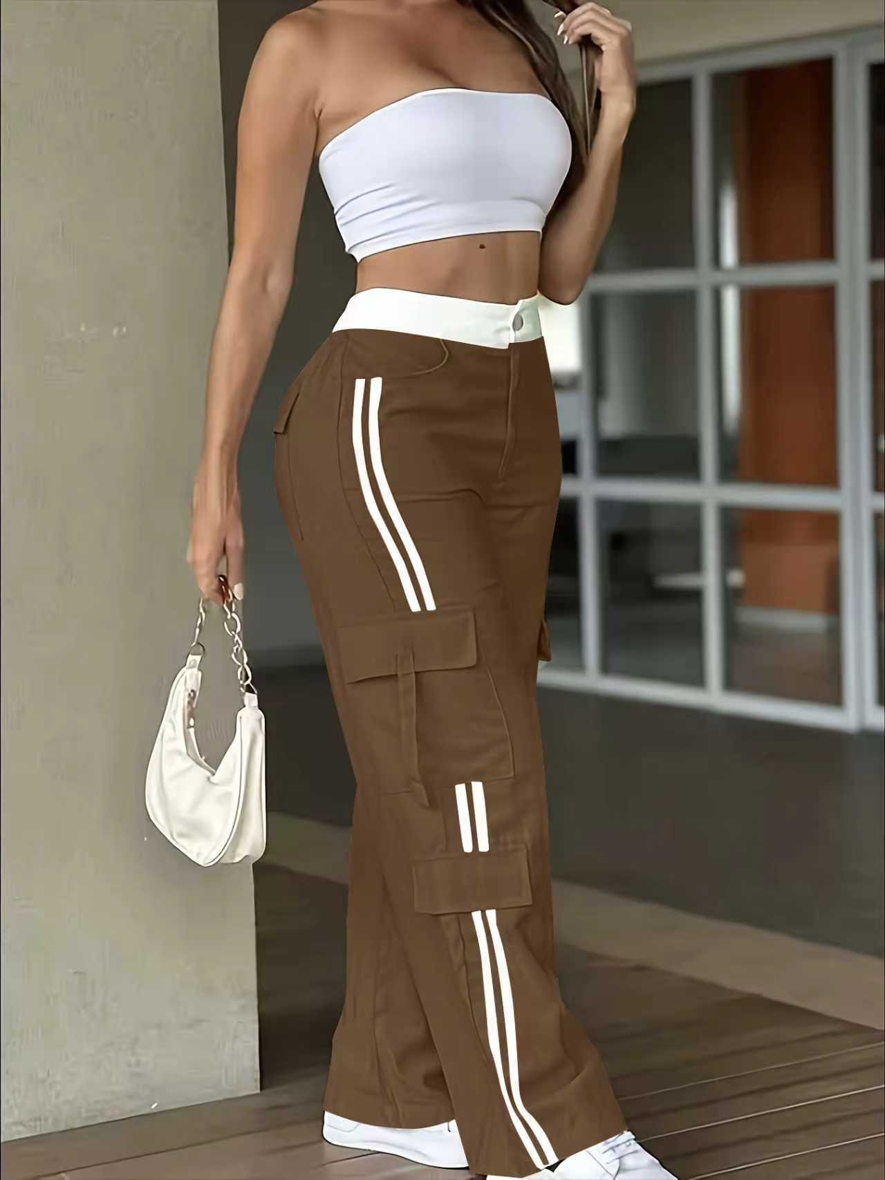 Women's Side Stripe Cargo Pants Wide Leg High Waist