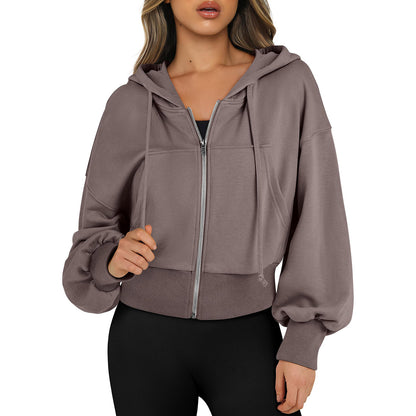 Women's Oversized Cropped Zip Up Hoodie Fleece Jacket