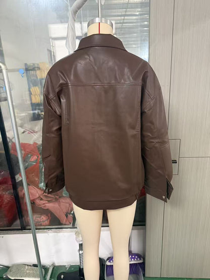 Women's Oversized Faux Leather Moto Jacket Zip Up