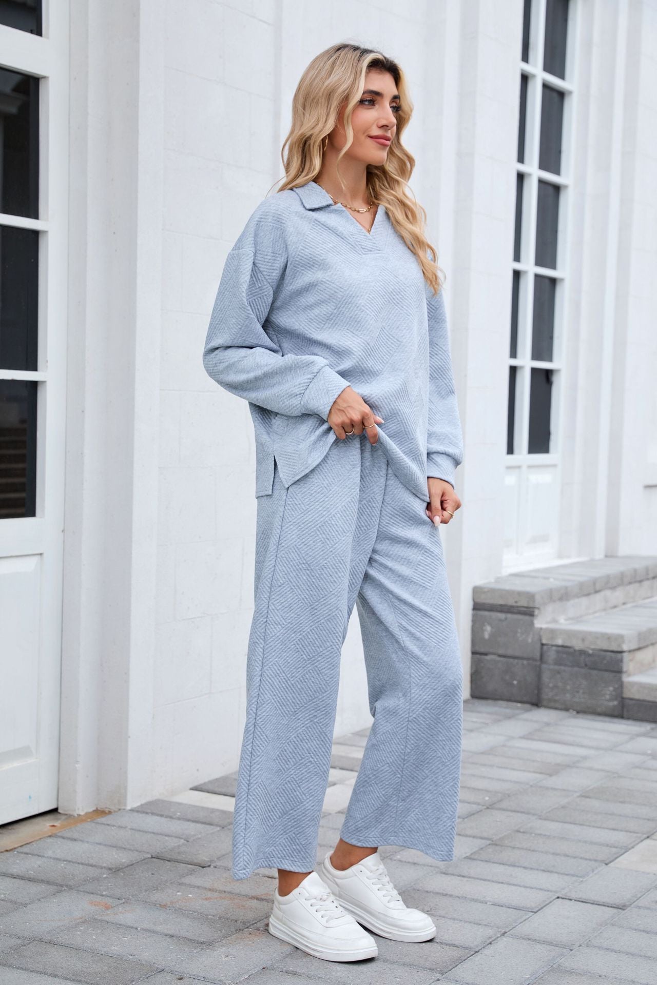 Women's Lounge Set Long Sleeve Collar Top Wide Leg Pants