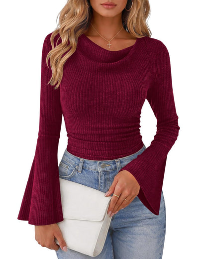 Ribbed Cowl Neck Top Bell Sleeve Slim Fit