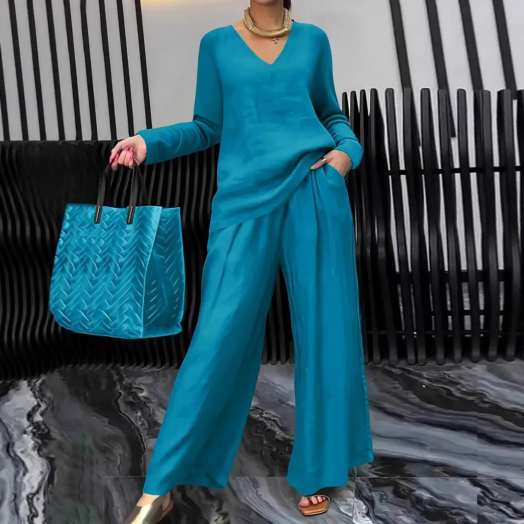 Women's Casual V Neck Wide Leg Pants Matching Set Plus Size