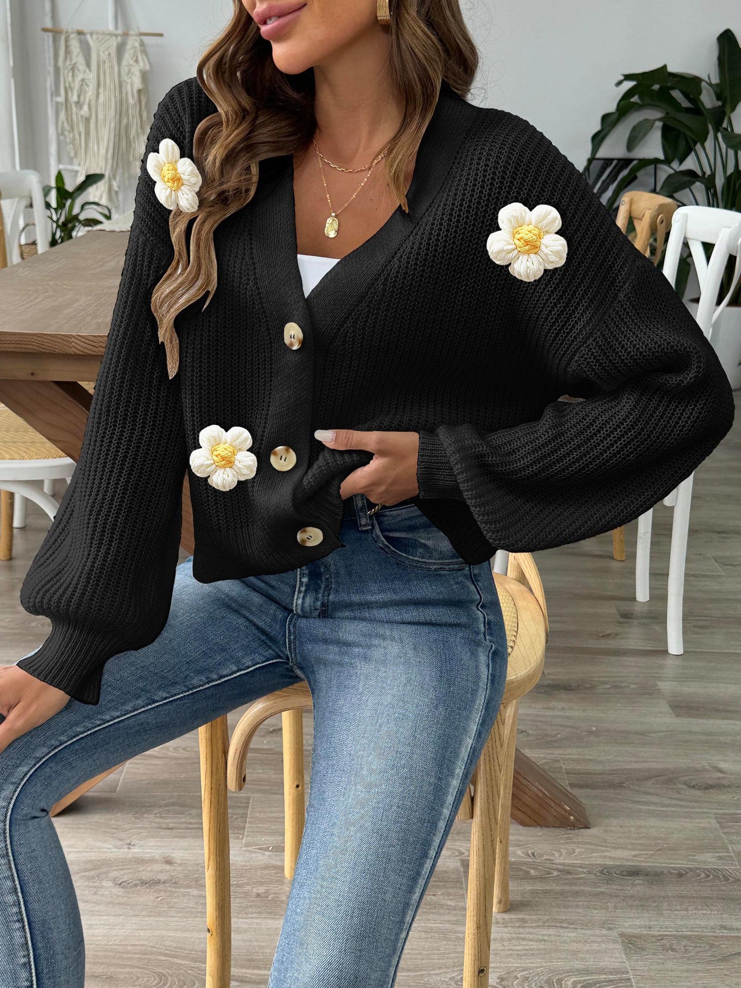 Floral Button-Up Cardigan | Cozy Crochet Trim Sweater