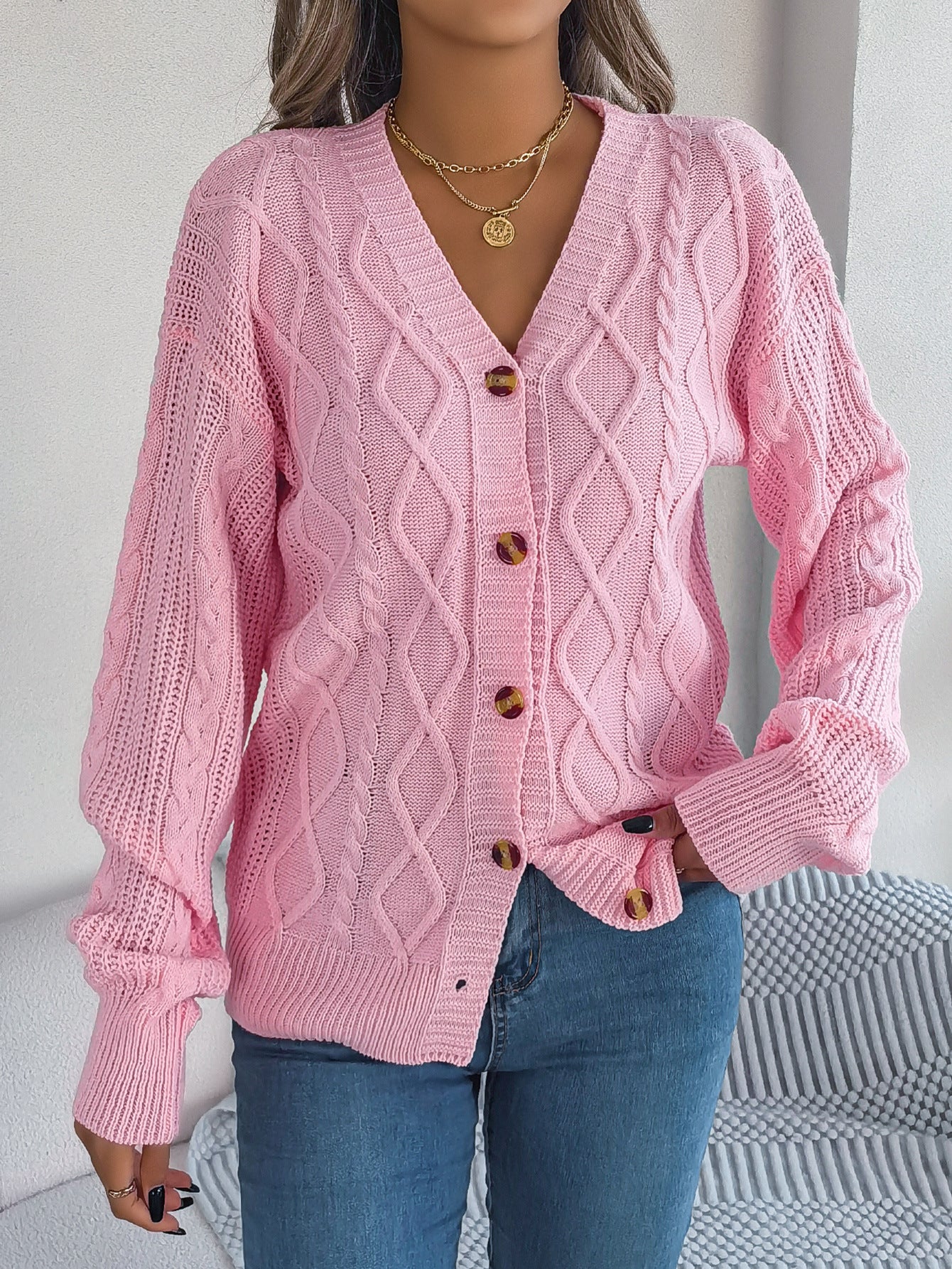 Fall Winter Cable Knit V Neck Lantern Sleeve Cardigan