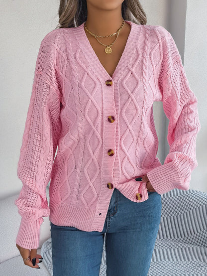 Fall Winter Cable Knit V Neck Lantern Sleeve Cardigan