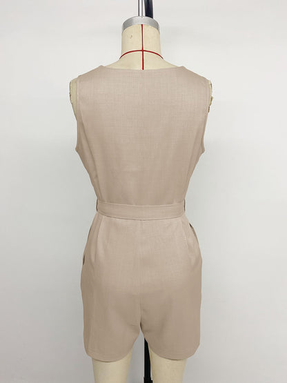 Solid V Neck Belted Romper Sleeveless Casual Jumpsuit