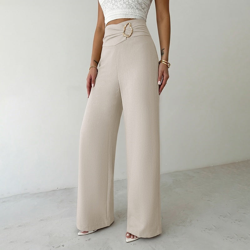 Solid High Waist Wide Leg Dress Pants Metal Buckle