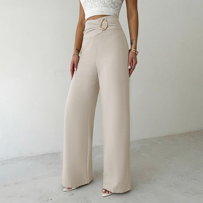 Solid High Waist Wide Leg Dress Pants Metal Buckle