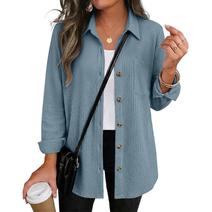 Waffle Knit Button Down Shirt Long Sleeve Pocket Tunic