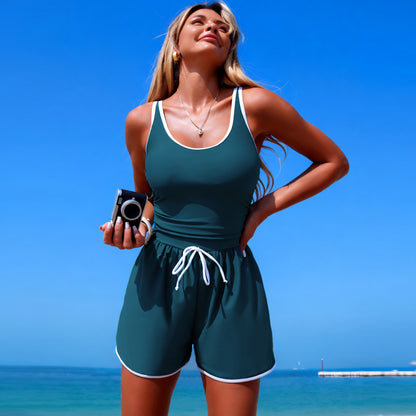 Solid Sporty One-Piece Swimsuit with Skirted Shorts