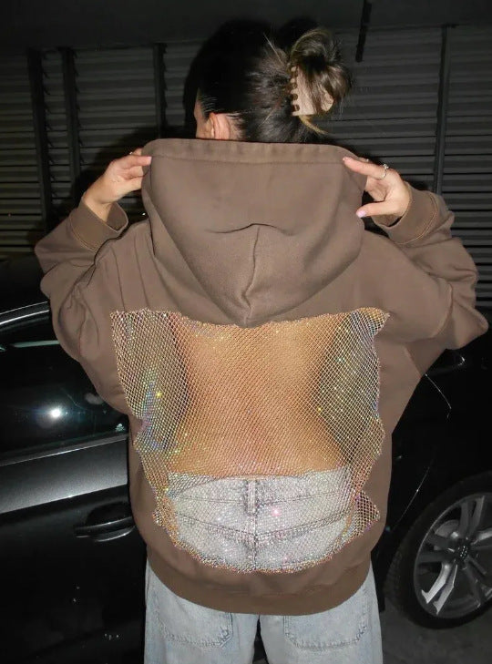 Women's Backless Mesh Hoodie Oversized Cutout Pullover