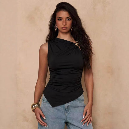 Ruched Asymmetrical Metal Ring Sleeveless Tank Top