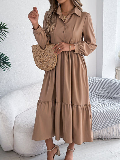 Collared Long Sleeve Tiered Shirt Dress