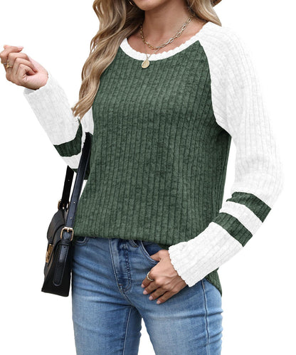 Colorblock Ribbed Knit Sweater Women Casual Pullover Top