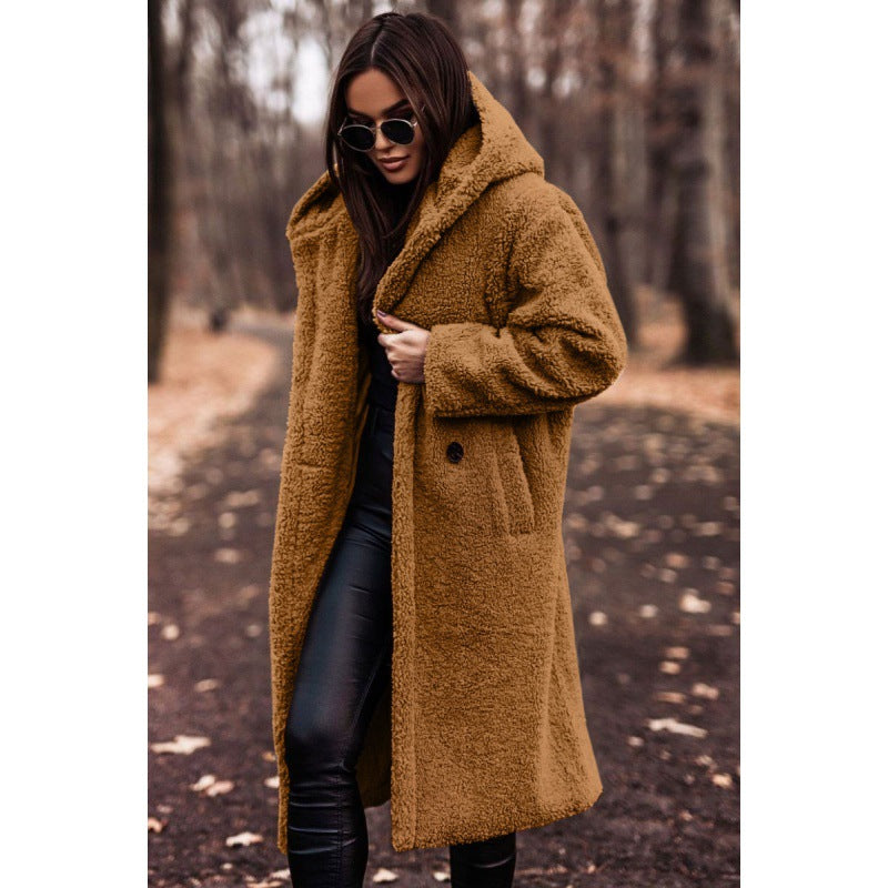 Hooded Sherpa Fleece Long Coat with Pockets