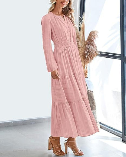 Women's V-Neck Long Sleeve Tiered Maxi Smocked Cotton Dress