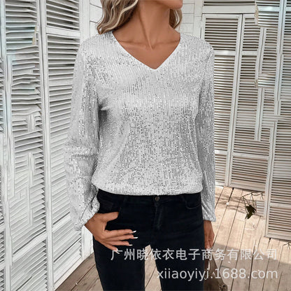Women's Sequin V Neck Long Sleeve Party Top