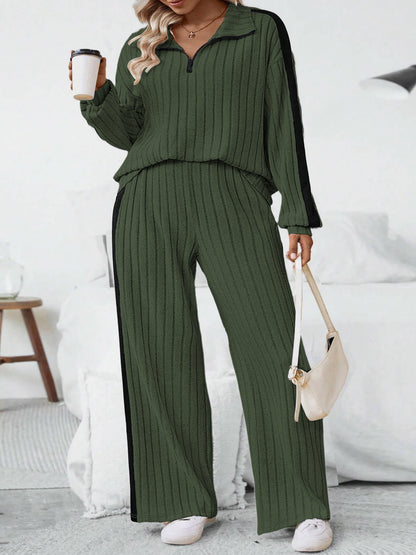 Plus Size Ribbed Half Zip Sweatshirt Wide Leg Pants Set