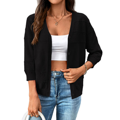 2025 Summer Hollow Knit V-Neck Cardigan with 3/4 Sleeves