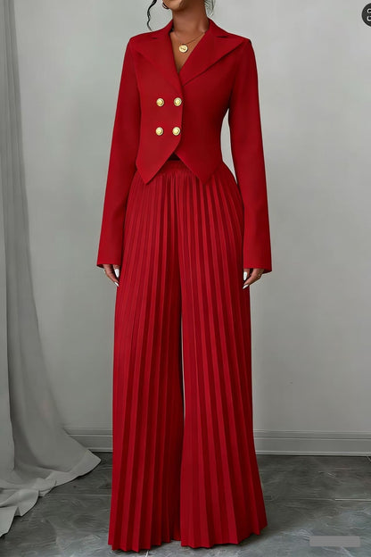 Women's 2 Piece Blazer Set Pleated Wide Leg Pants