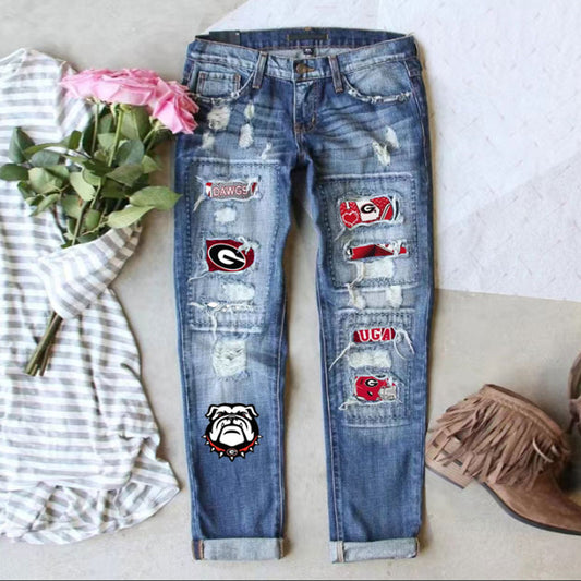 Game Day Ripped Straight Leg Mid Rise Printed Jeans