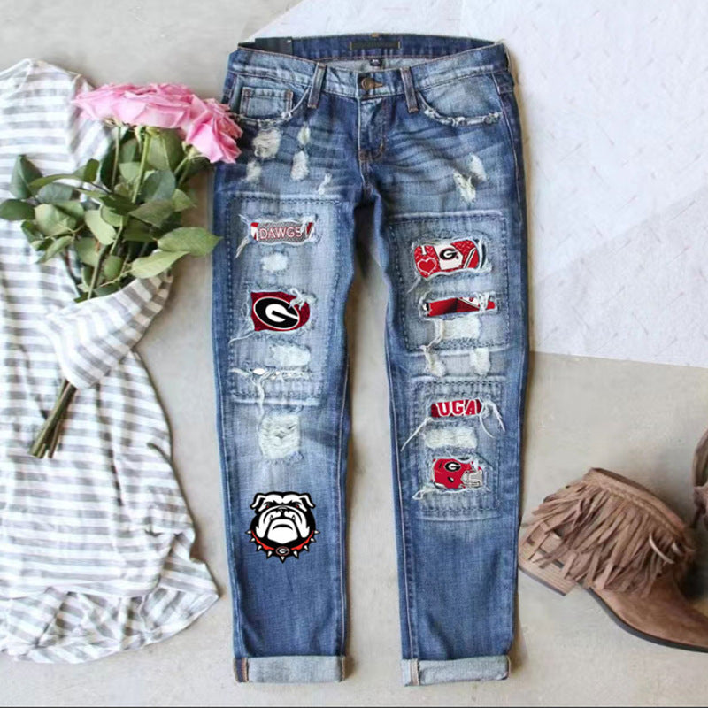 Game Day Ripped Straight Leg Mid Rise Printed Jeans